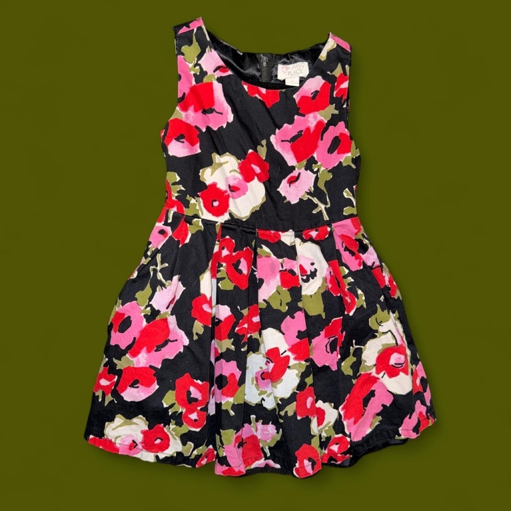 The Children's Place Girls Floral Party Dress Size 4 Black Pink Cotton